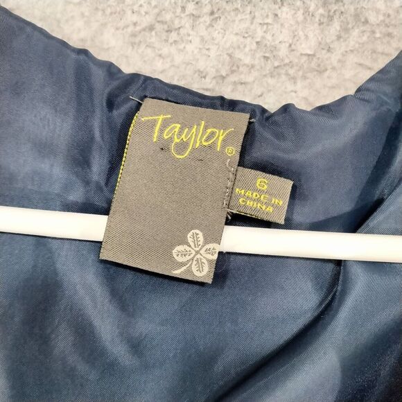 Taylor Sheath Dress Linen Wmns Sz 6 Blue Chambray Sleeveless Ruffle V-Neck - Picture 7 of 13